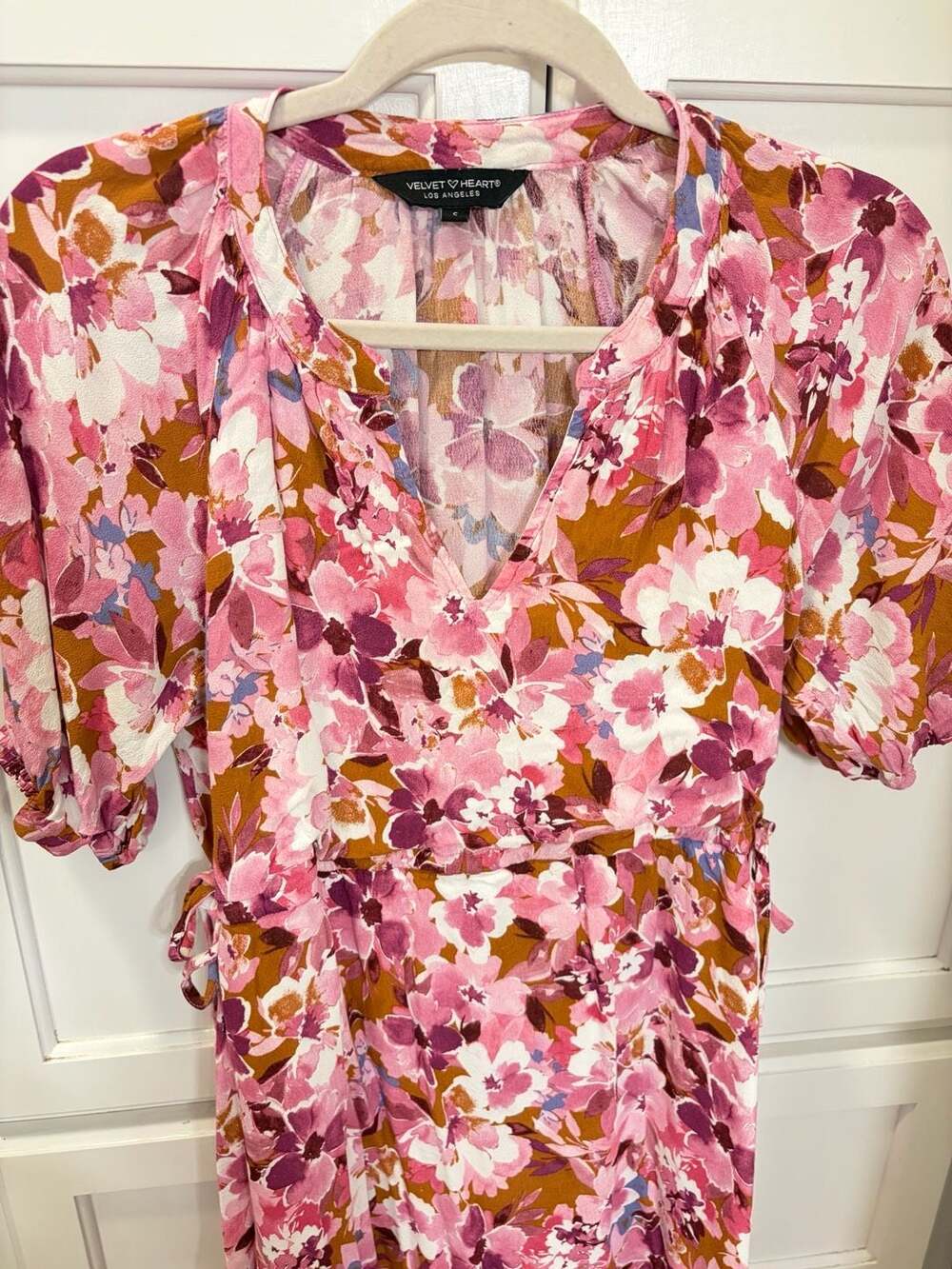 Pink Floral Tie Waist Midi Dress Puff Sleeve Boho Cottagecore Velvet Heart Small